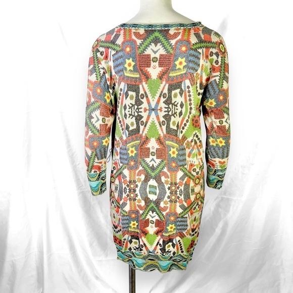 CUSTO BARCELONA MULTICOLOUR AZTEC  BODYCON DROP SHOULDER BELT DRESS LARGE - Picture 4 of 14